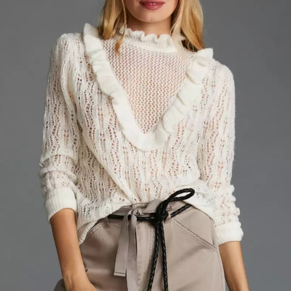 Bishop + Young Anthropologie Cream/White Ruffled V-Neck Sweater Size Small